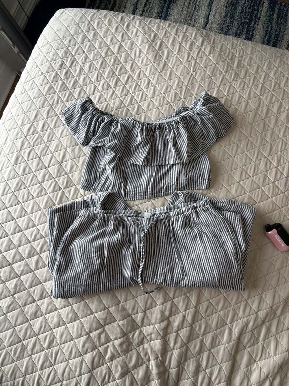 A New Day Women's Striped Off-Shoulder Ruffle Top and Wide-Leg Pant Set